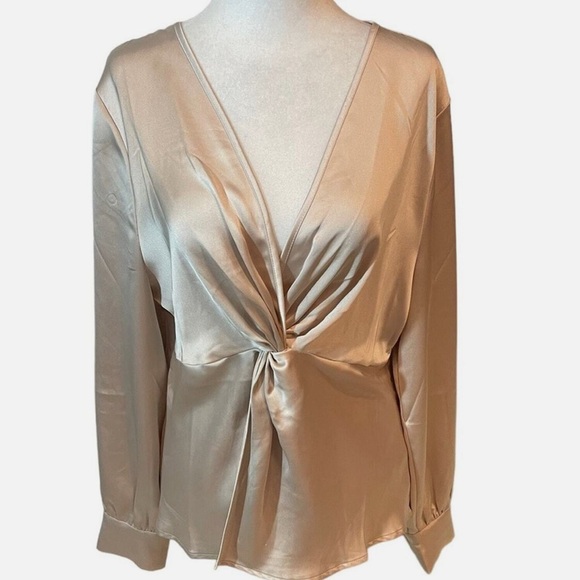 Nicole Miller Champagne Satin Long Sleeve Twist Blouse Top Sz M - Picture 10 of 16